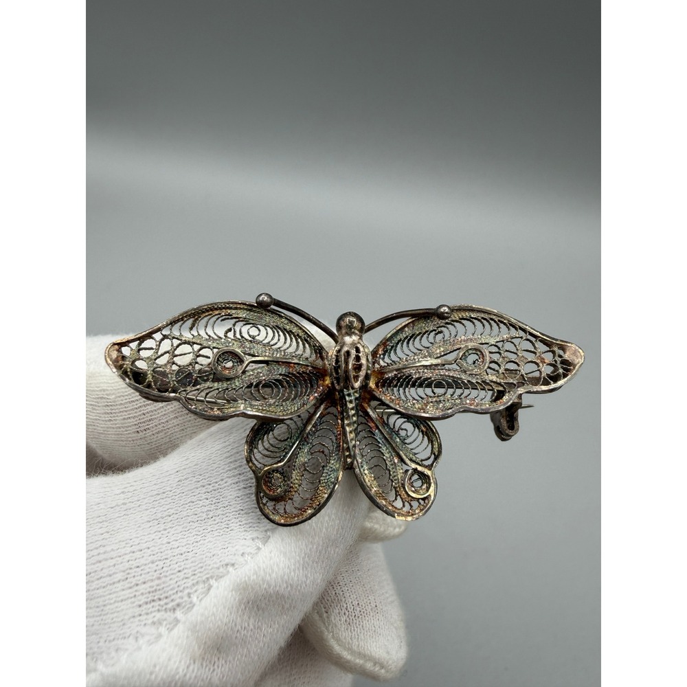 Antique 800 Silver Filigree Butterfly Brooch European Openwork Vintage 2" #1031